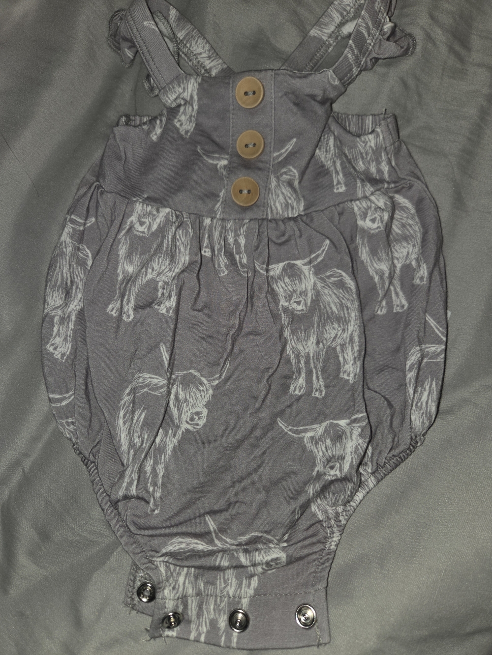 Gray Highland Cow Printed Baby Romper with Button Strap Detail